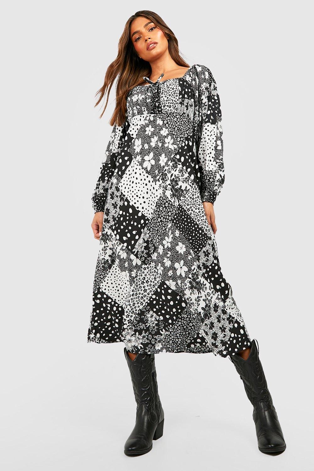 

Платье миди с пуховыми рукавами Boohoo, черный