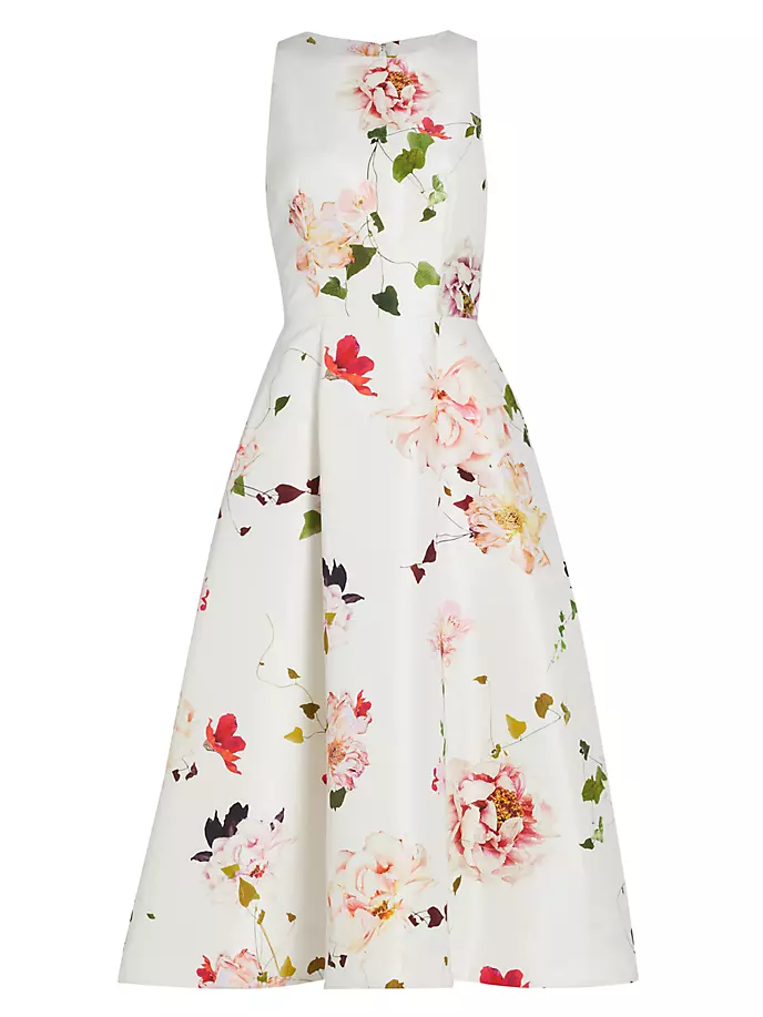 Платье миди без рукавов Faille с цветочным принтом Monique Lhuillier, белый