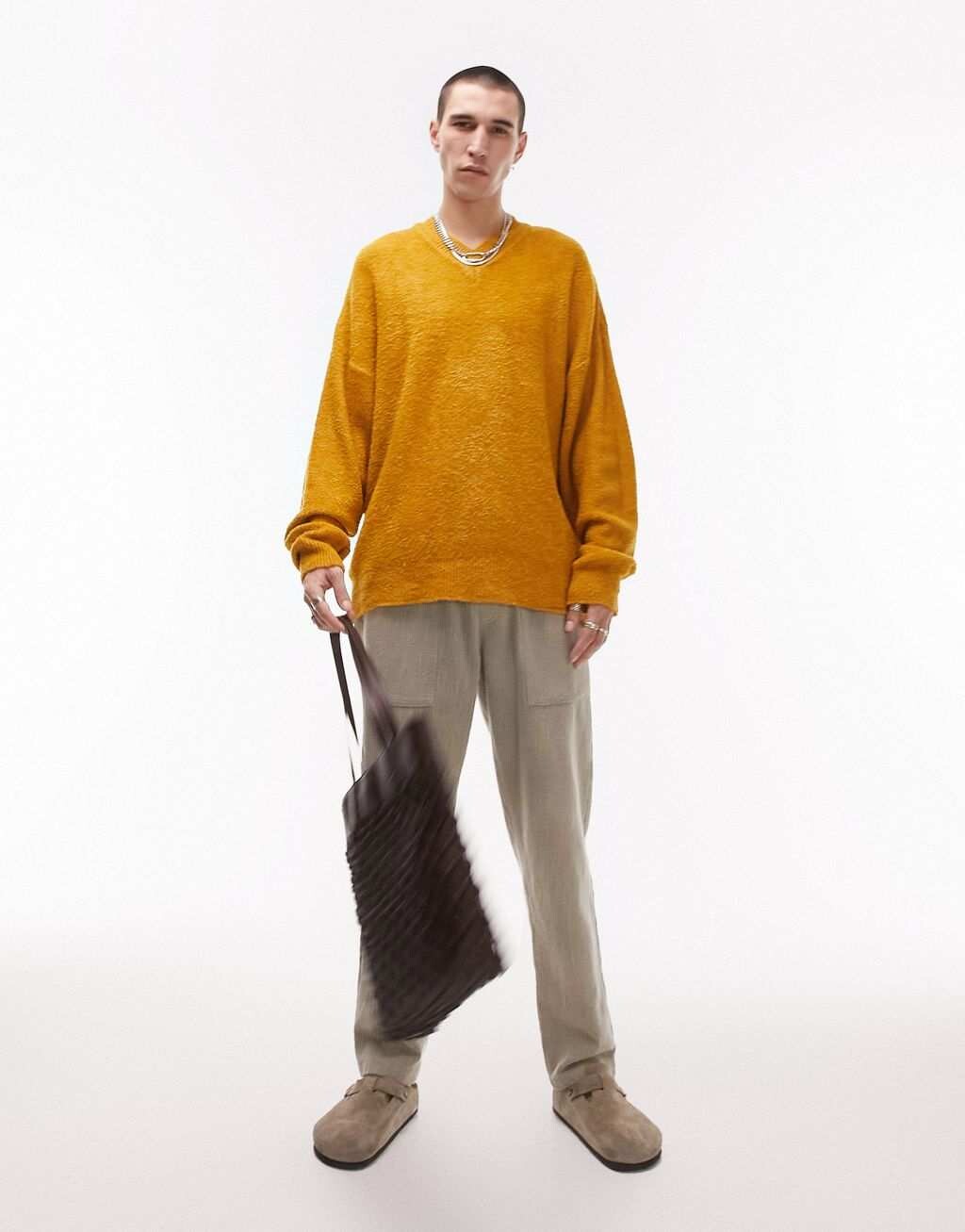 

Желтый вязаный джемпер с v-образным вырезом-букле Topman