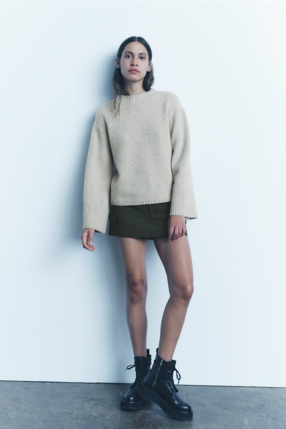 

Вязаный свитер из смесовой шерсти с широкими рукавами ZARA, песочный, Бежевый