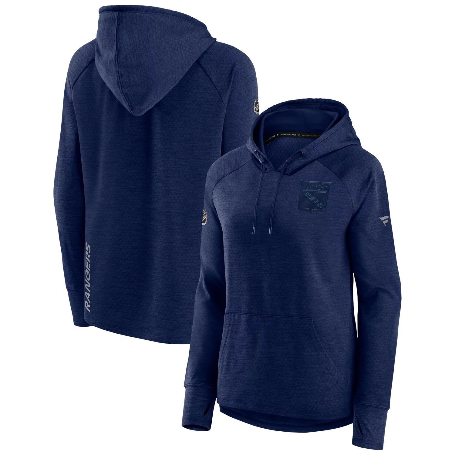 

Женский пуловер с капюшоном Fanatics с логотипом Heather Navy New York Rangers Authentic Pro Road Performance реглан Fanatics