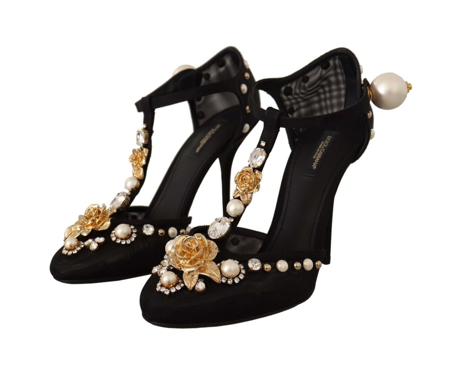

Dolce & Gabbana Элегантные женские босоножки на каблуке с Т-образным ремешком и украшением, черный