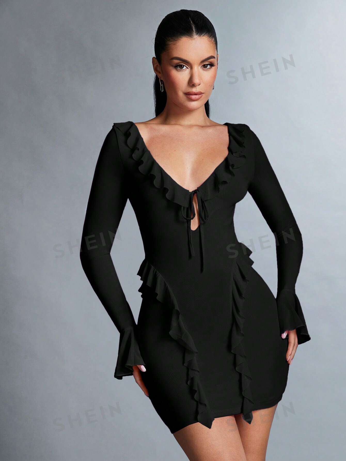 SHEIN BAE Женское платье с завязками спереди и длинными рукавами с оборками по подолу, черный