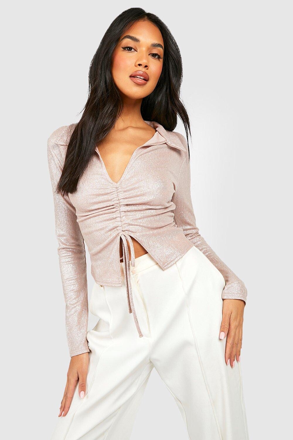 

Укороченная рубашка с металлическим передом и со сборами Boohoo, нюд