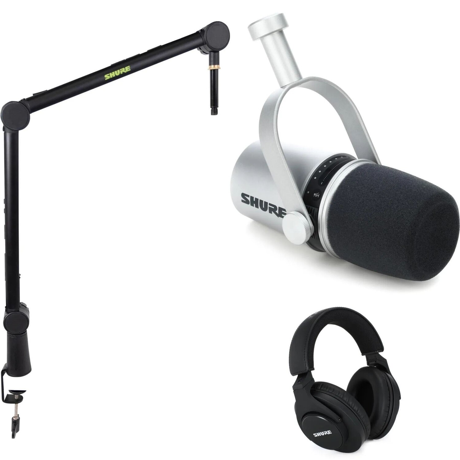 

Новый USB-микрофон для подкастов Shure MV7 с наушниками и подставкой — серебристый