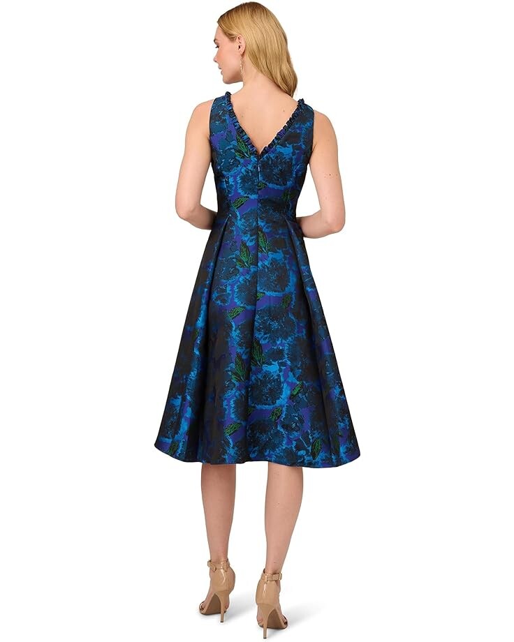 

Платье Adrianna Papell Printed Jacquard Ruffle Trim Hi Low Hem Party Dress, синий мульти