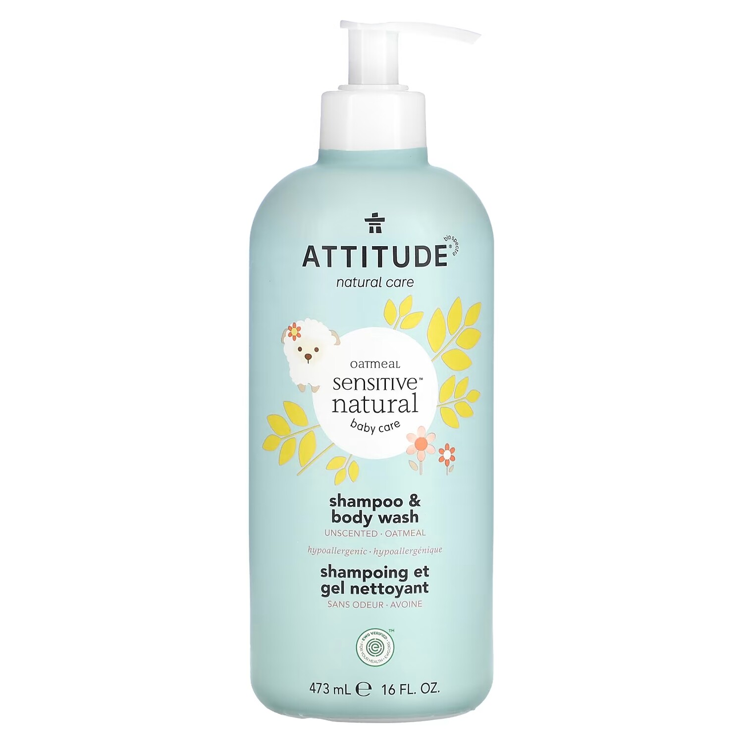 

ATTITUDE, Baby, натуральный уход с овсянкой для чувствительной кожи, шампунь и гель для душа, без запаха, 16 жидких унций (473 мл)