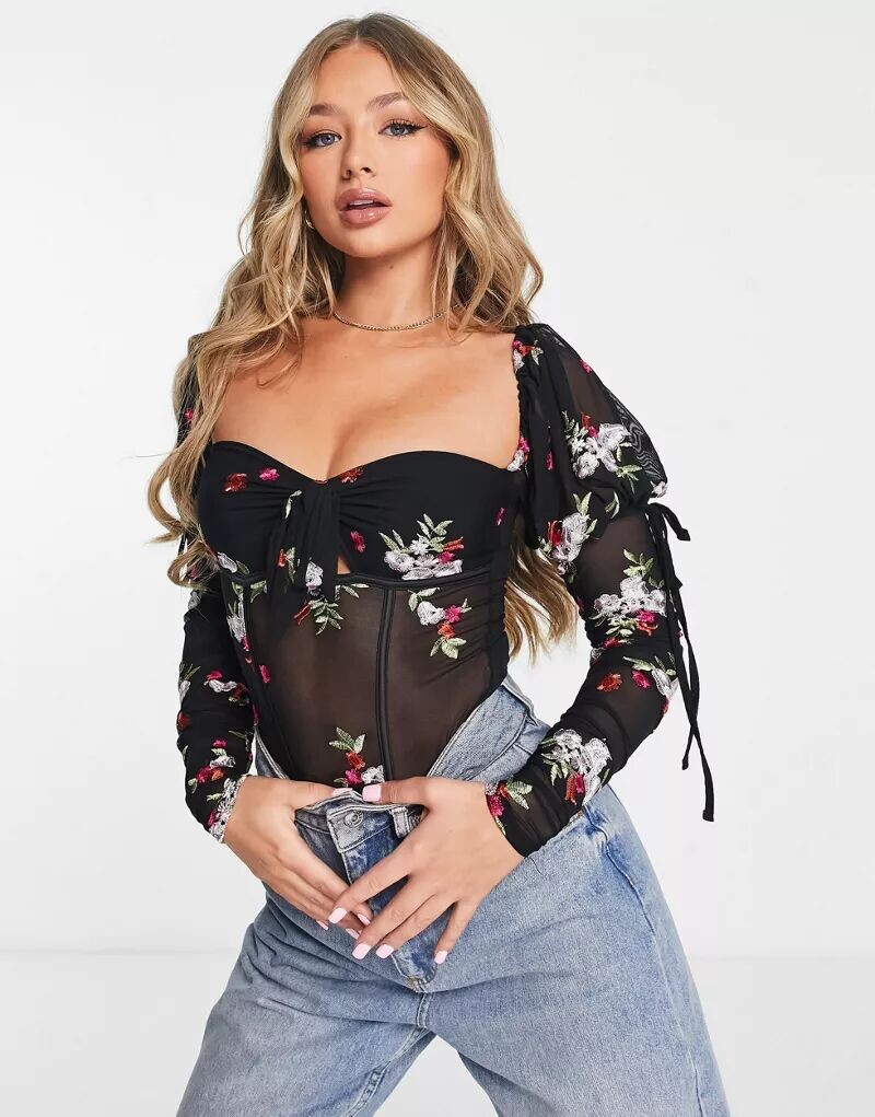 

Черное боди премиум-класса с вышивкой и объемными рукавами ASOS, Черный