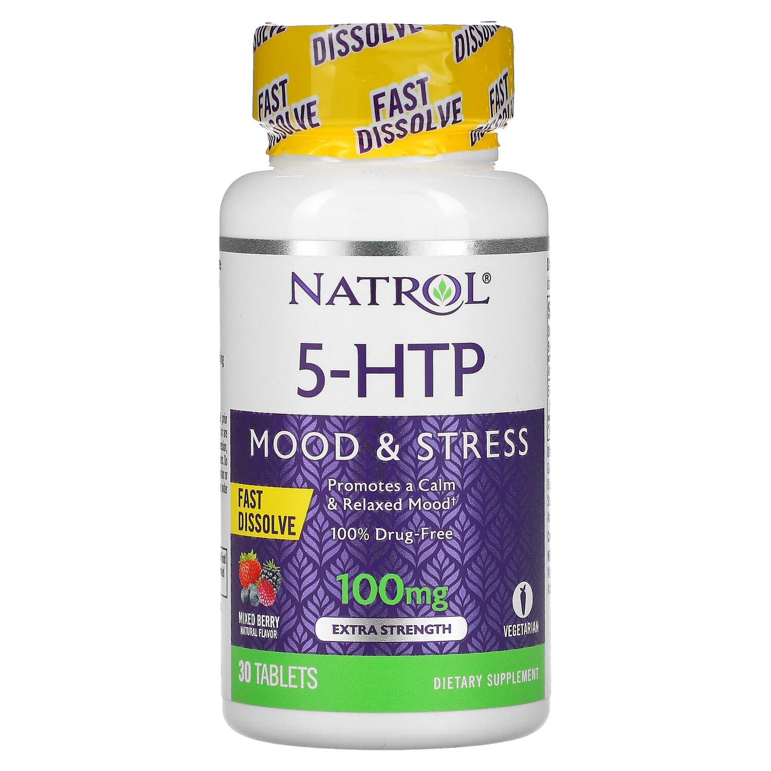

5-HTP, быстрорастворимый, особо эффективный, вкус диких ягод, 100 мг, 30 таблеток, Natrol