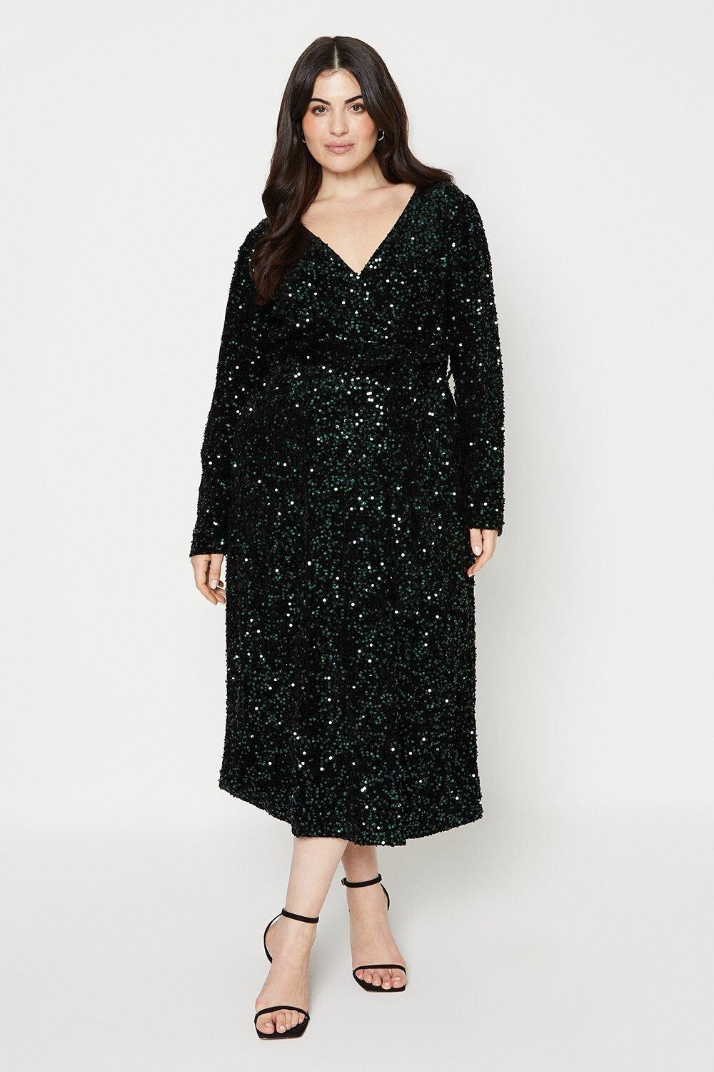 

Платье миди с запахом и пайетками Curve Dorothy Perkins, зеленый