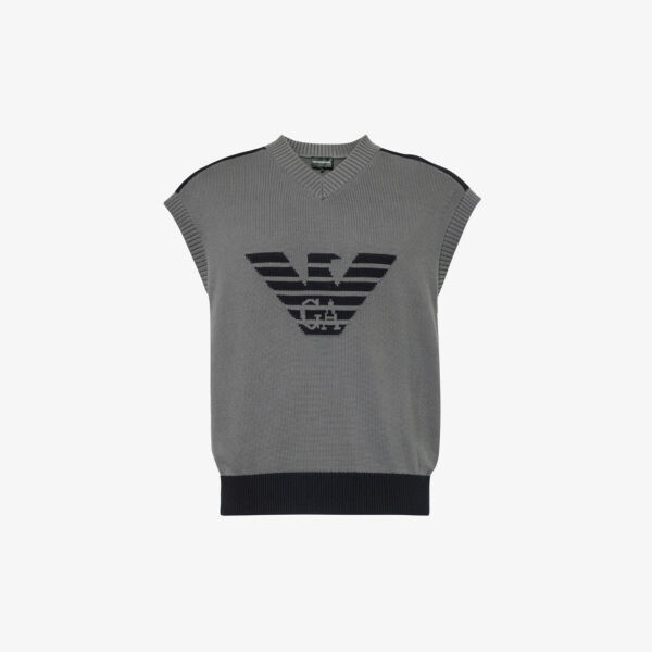 

Хлопковый вязаный жилет с логотипом-интарсией Emporio Armani, цвет castlerock