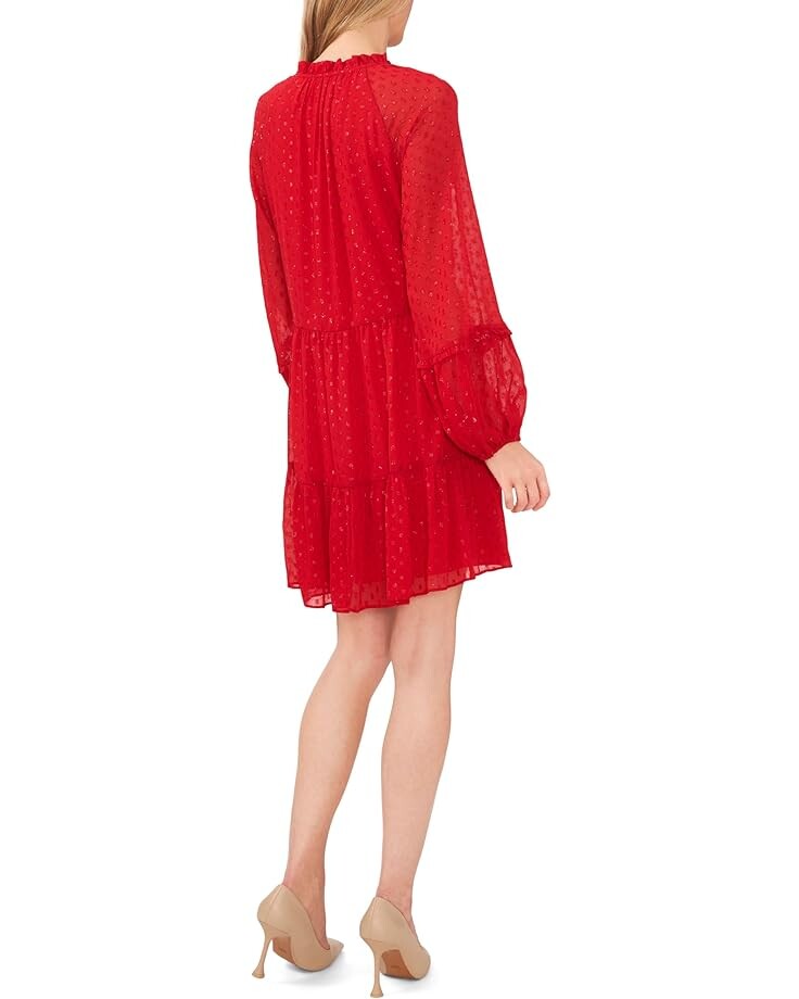 Платье CeCe Long Sleeve Split-Neck Tiered Dress, цвет Glamour Red 2021 sheer mesh patchwork velvet long split dress mock neck long sleeve see through high split vestidos night club wear robes