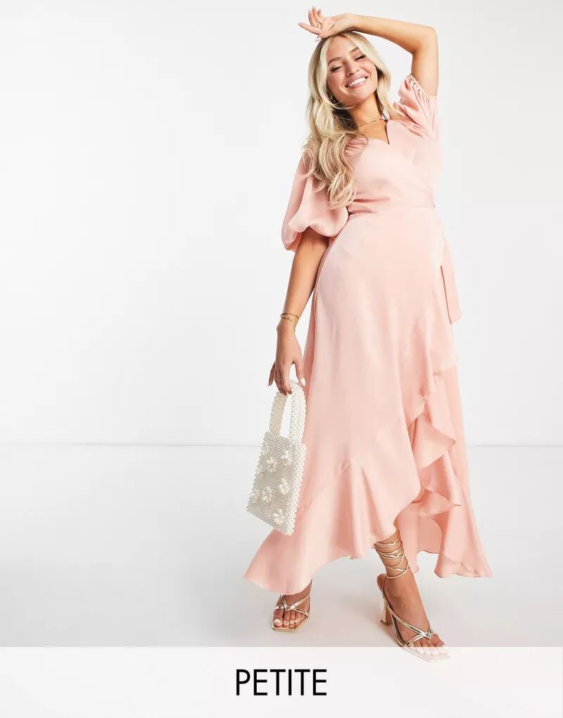 Бледно-розовое атласное платье макси с запахом и воланами London Petite, рукавами-фонариками Flounce London