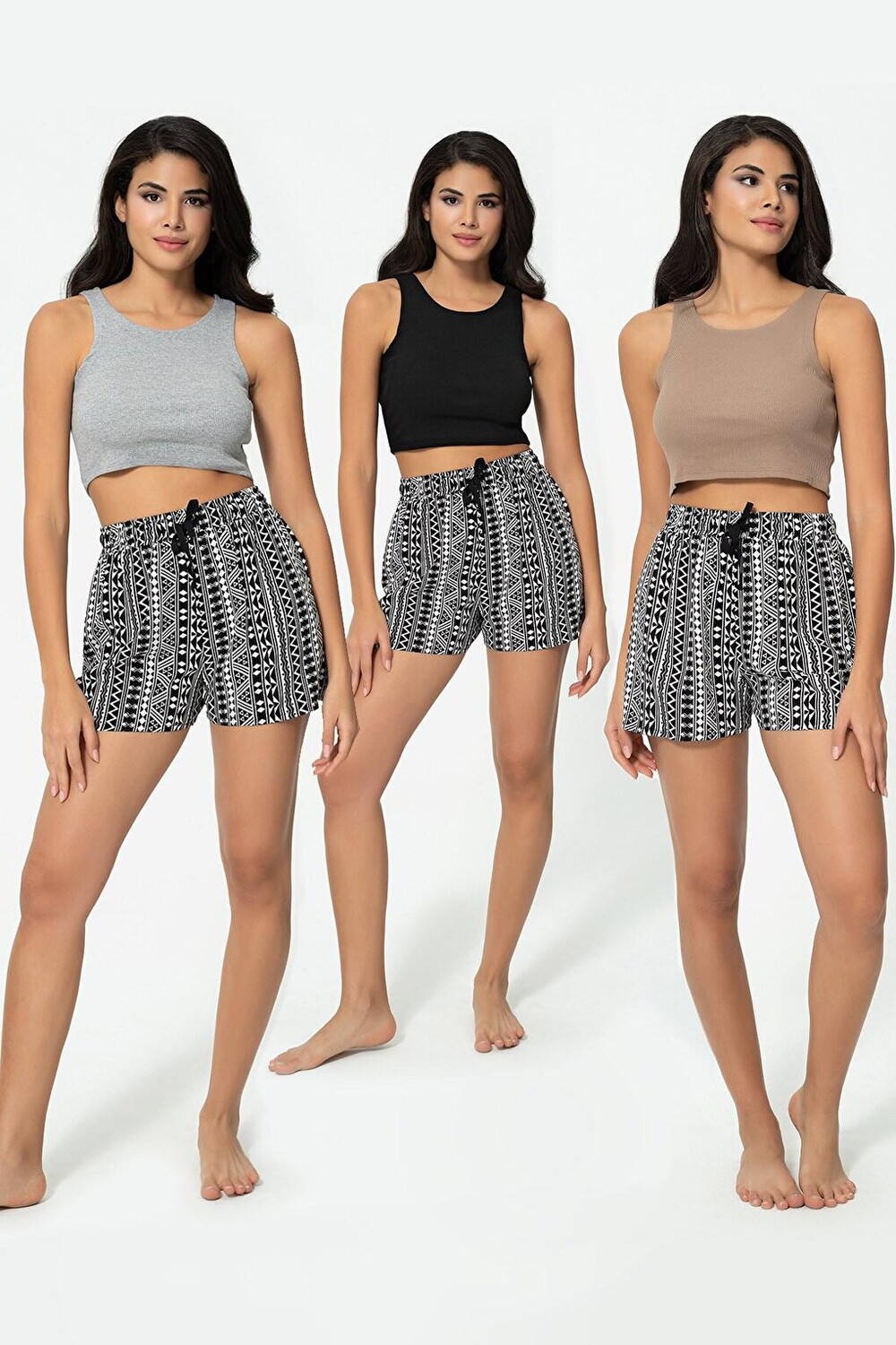 

Укороченная майка в рубчик из трех частей: черно-серо-коричневая FOR YOU MODA