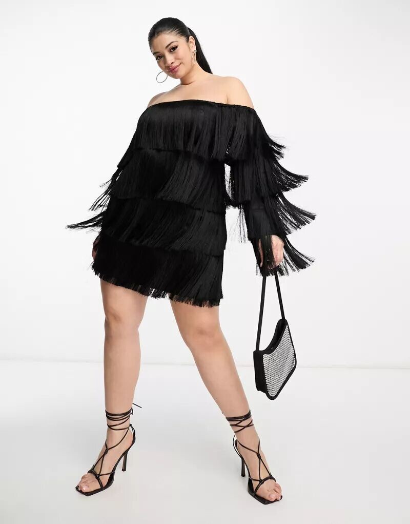 

Черное мини-платье с вырезом кармен и бахромой ASOS Curve, Черный
