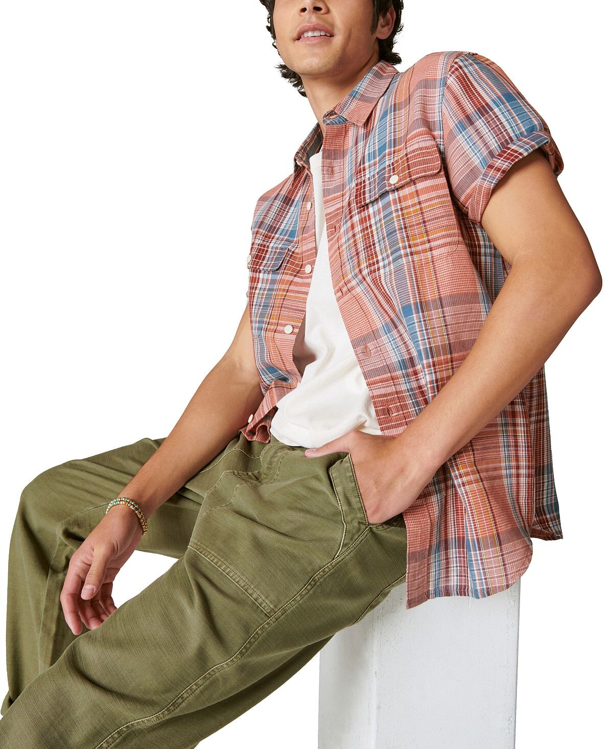 

Мужская льняная рабочая рубашка в клетку с коротким рукавом Lucky Brand