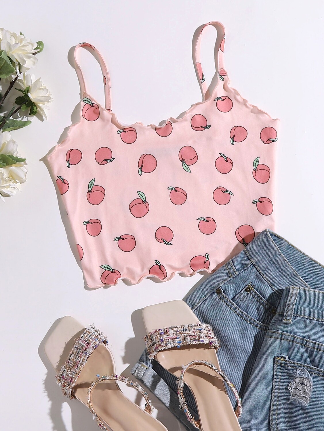 

SHEIN EZwear однобортная рубашка, волнистый край, персиковый узор, детский розовый