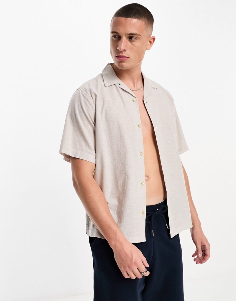 

Бежевая рубашка из льняного микса Jack & Jones Premium с воротником-стойкой