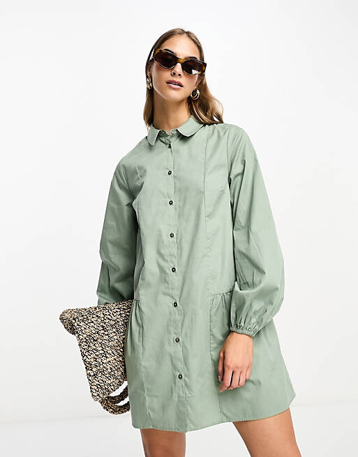 

Платье-рубашка цвета хаки со сборками и пуговицами ASOS DESIGN