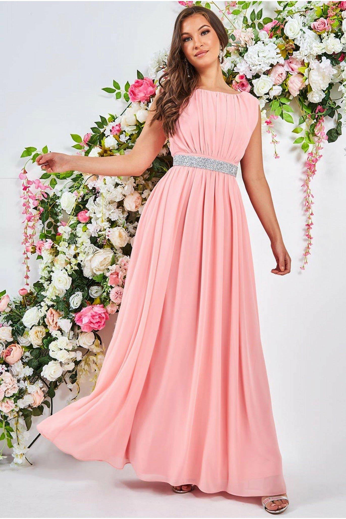 Шифоновое макси с декорированным поясом Goddiva, розовый длинное зеленое шифоновое платье подружки невесты элегантное свадебное платье для гостей кружевное платье без рукавов с аппликацией 2020