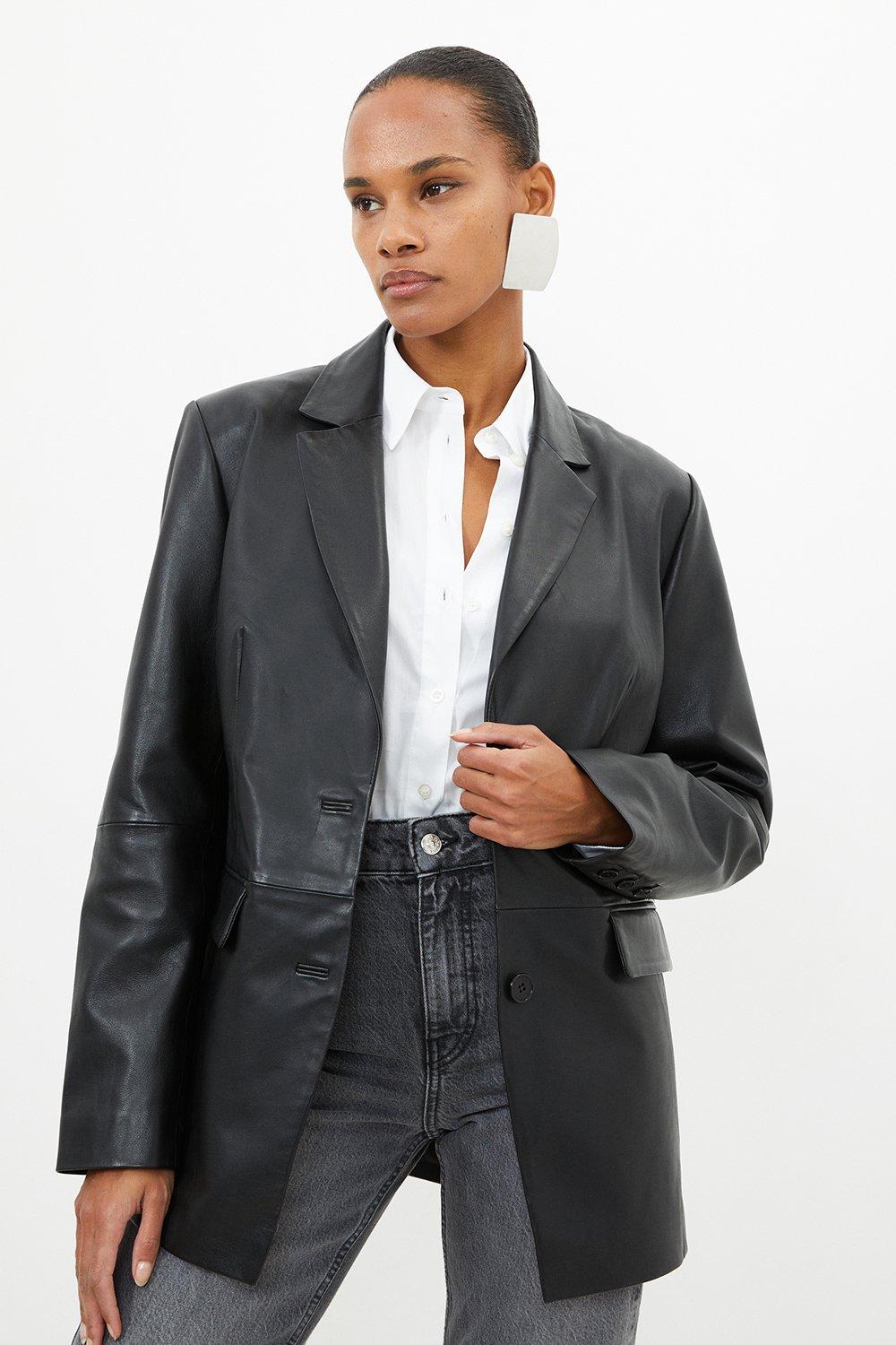 Кожаный однобортный пиджак с запахом сзади Karen Millen, черный цена и фото