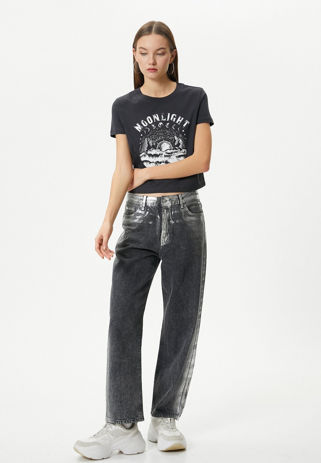 

Футболка с принтом CROP SHORT SLEEVE CREW NECK CUT Koton, антрацит