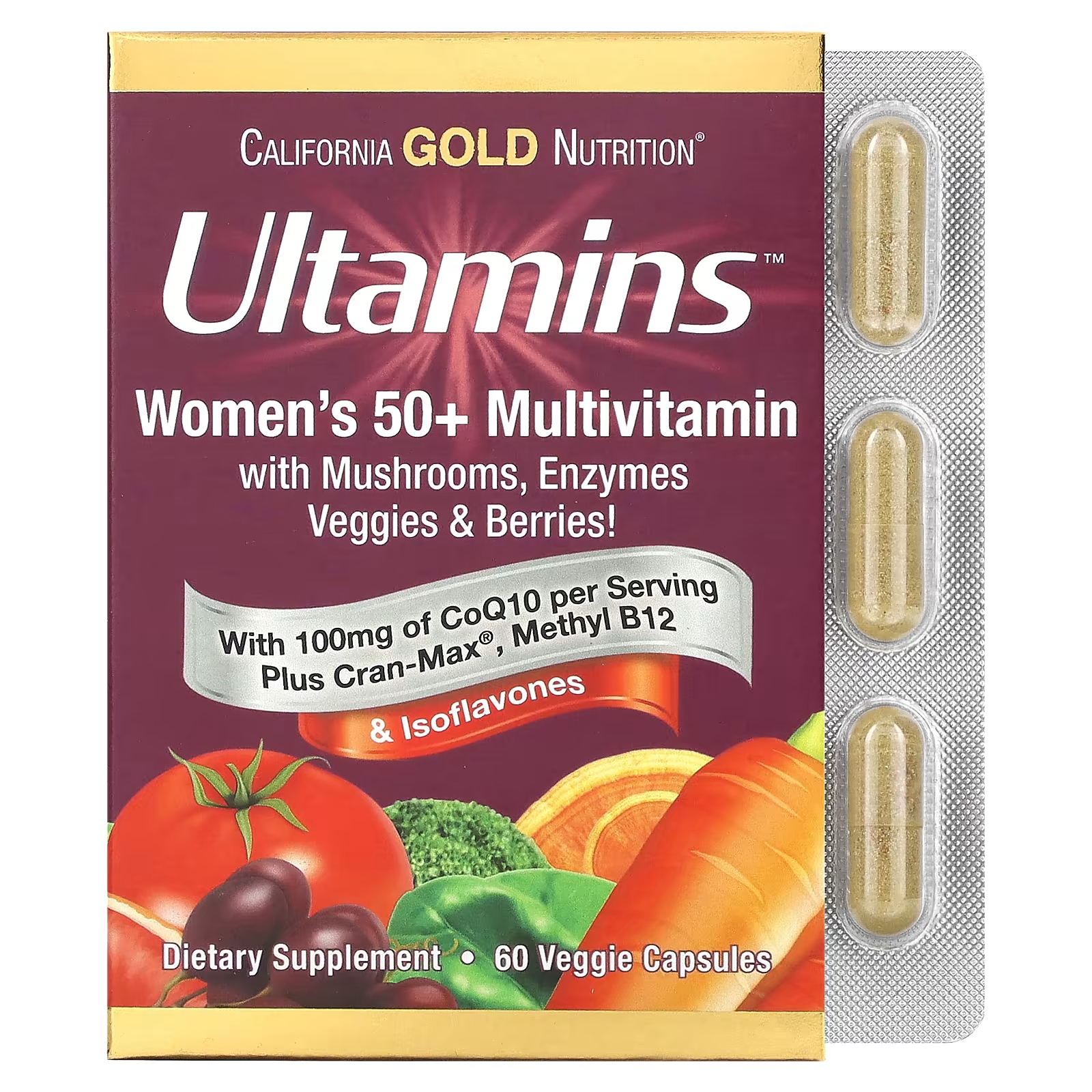 цена Мультивитамины California Gold Nutrition Ultamins для женщин старше 50 лет с коэнзимом Q10, грибами, ферментами, овощами и ягодами, 60 растительных капсул