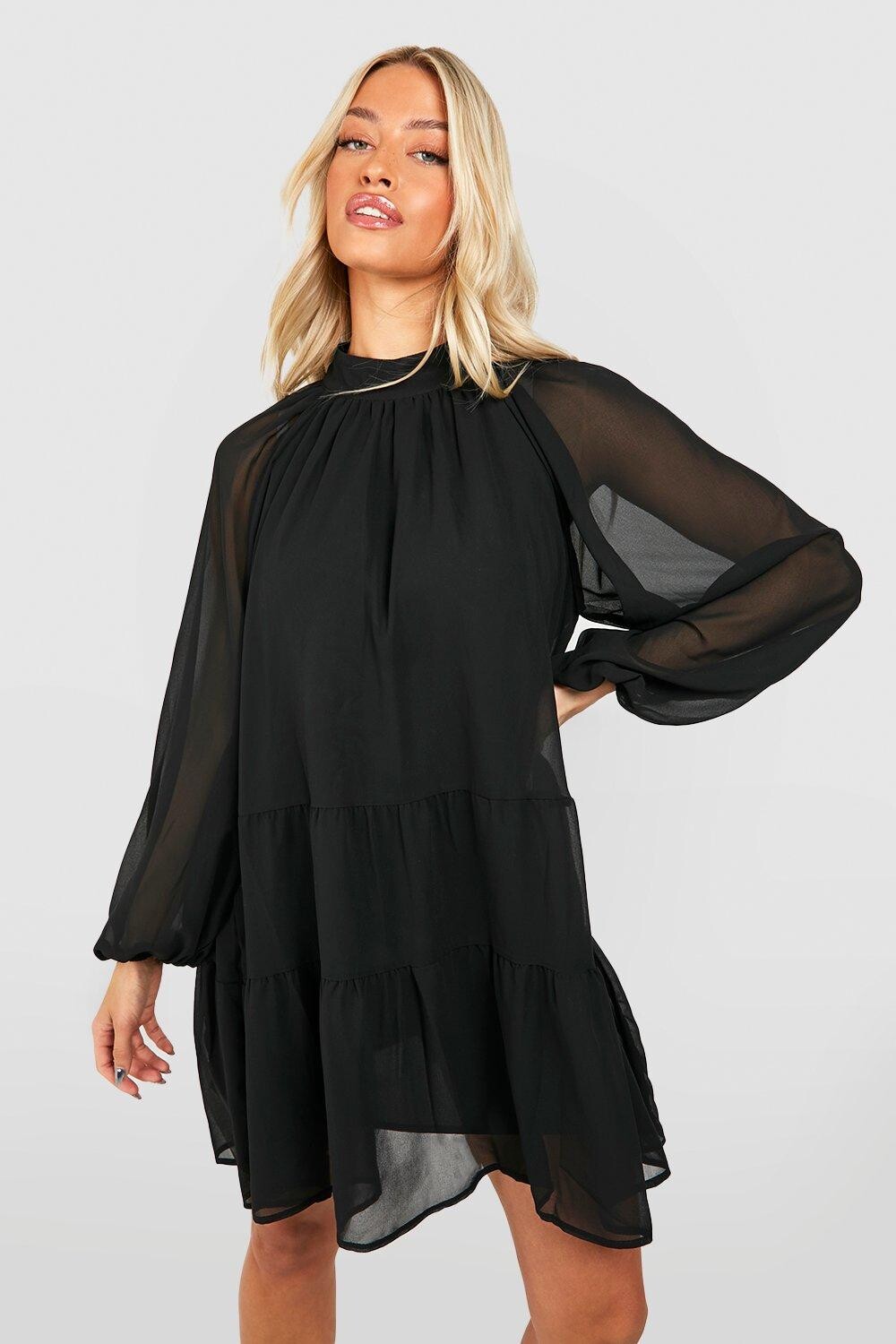 

Шифоновое мини-платье с рукавами-блузоном boohoo, черный