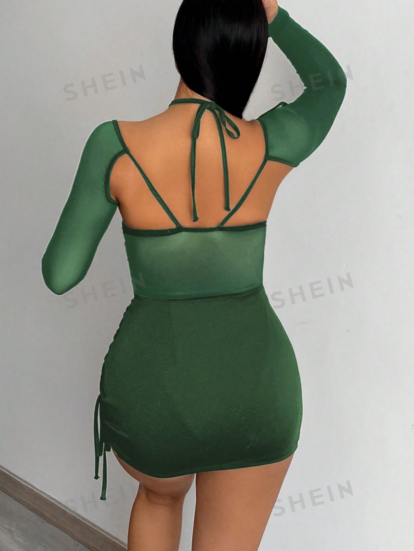 SHEIN SXY Женский сетчатый комбинезон с бретелькой на шее и длинными рукавами и юбка на шнурке 2 шт./компл., темно-зеленый