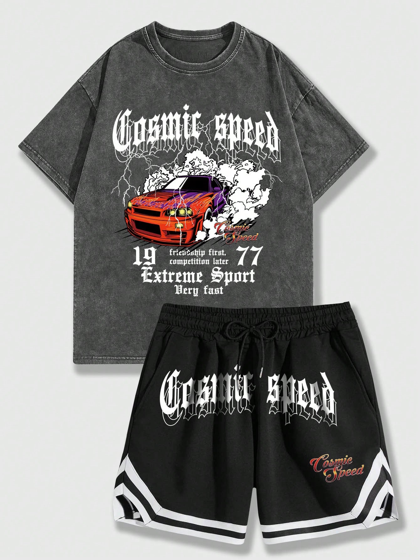 ROMWE Street Life Мужская уличная футболка с принтом автомобилей и букв и дышащие спортивные шорты, черный