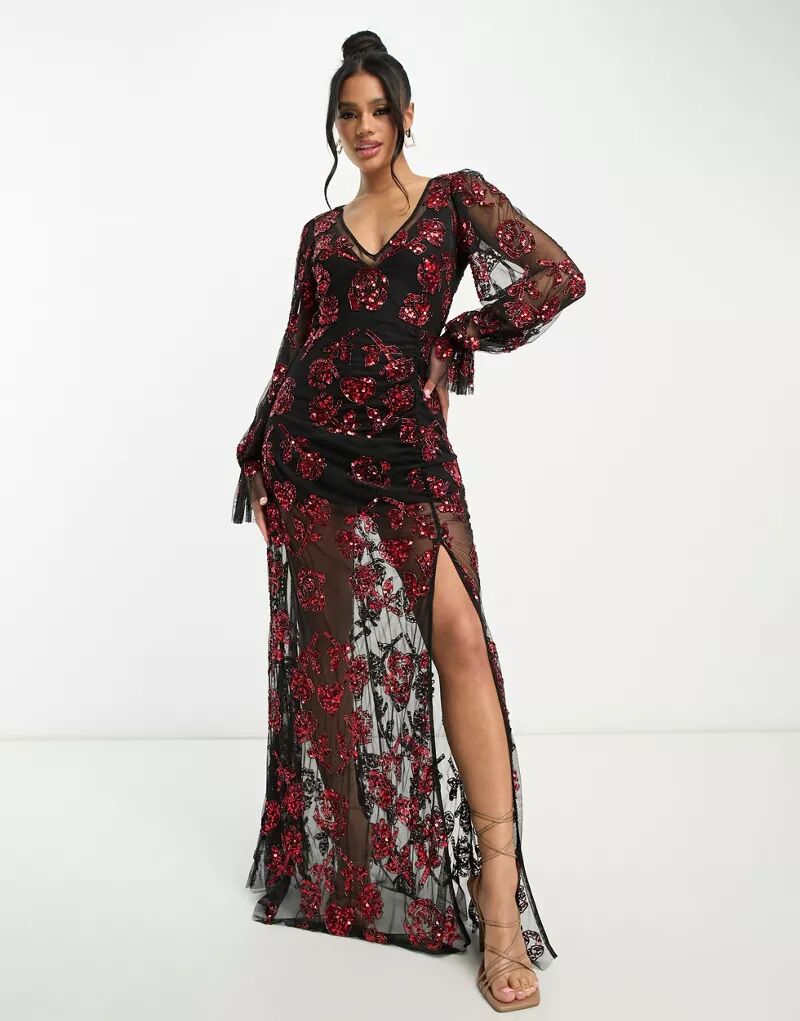 Эксклюзивное платье макси с длинными рукавами и красной аппликацией Lace & Beads