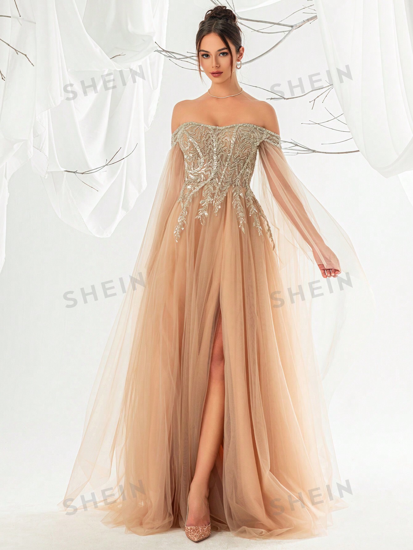 Женское вечернее платье из сетки с открытыми плечами и пайетками, длинное, шампанское женское вечернее платье со съемным шлейфом v образным вырезом и открытыми плечами