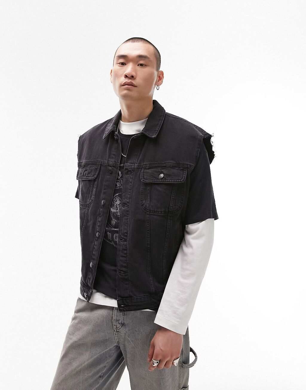 

Черная джинсовая куртка оверсайз без рукавов Topman, Черный