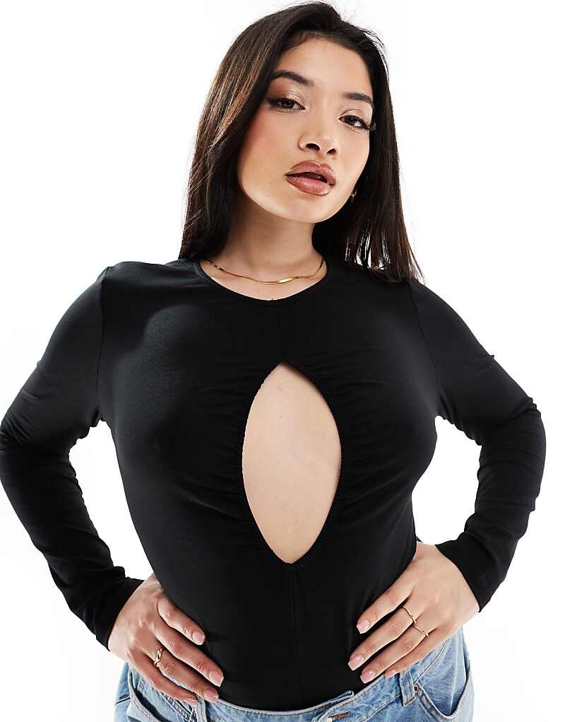 

ASOS DESIGN Curve – Черное укороченное боди с длинными рукавами и декоративным вырезом