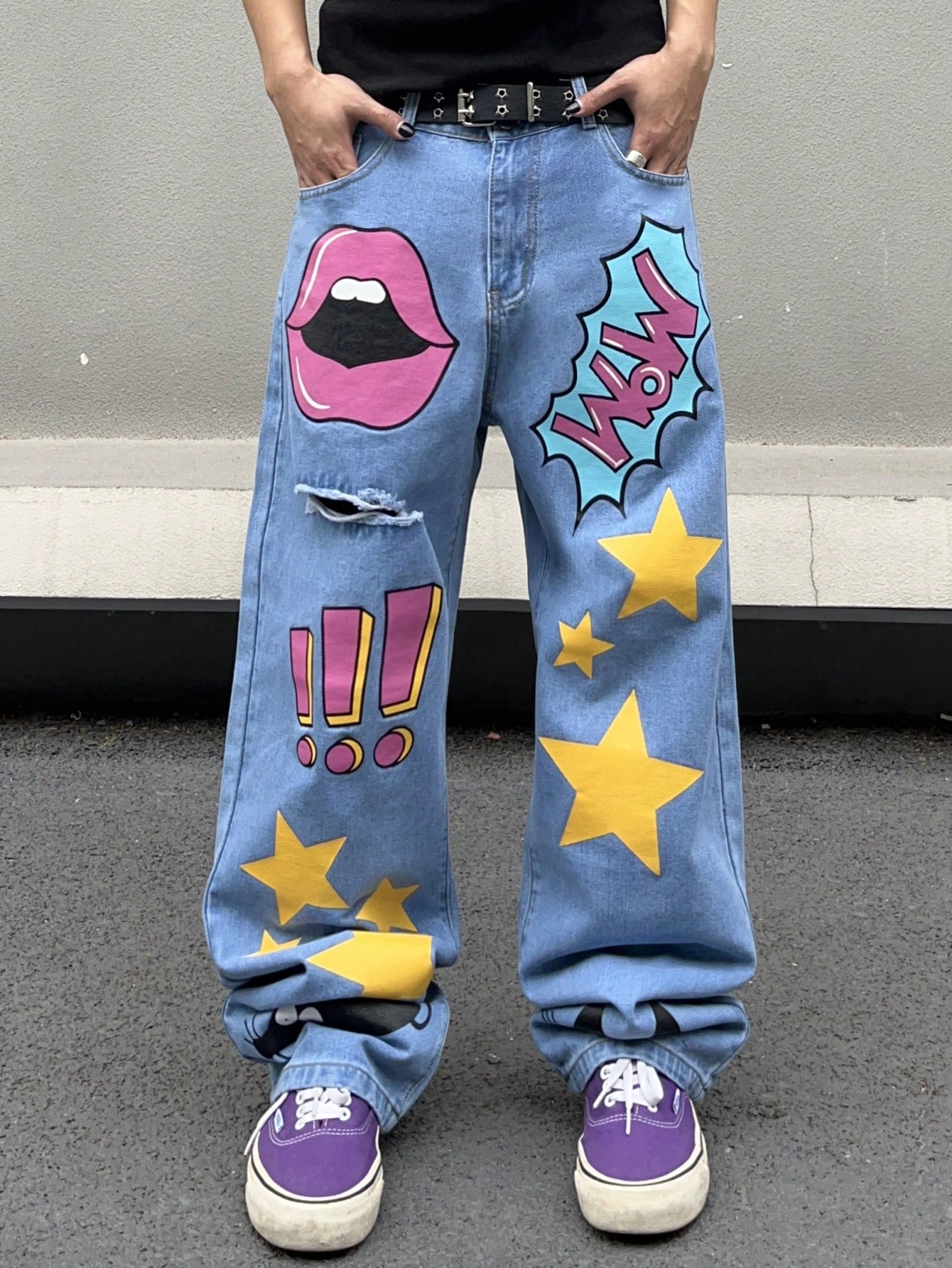 Мужские потертые джинсы Manfinity EMRG с принтом в виде губ, звезд и букв, синий