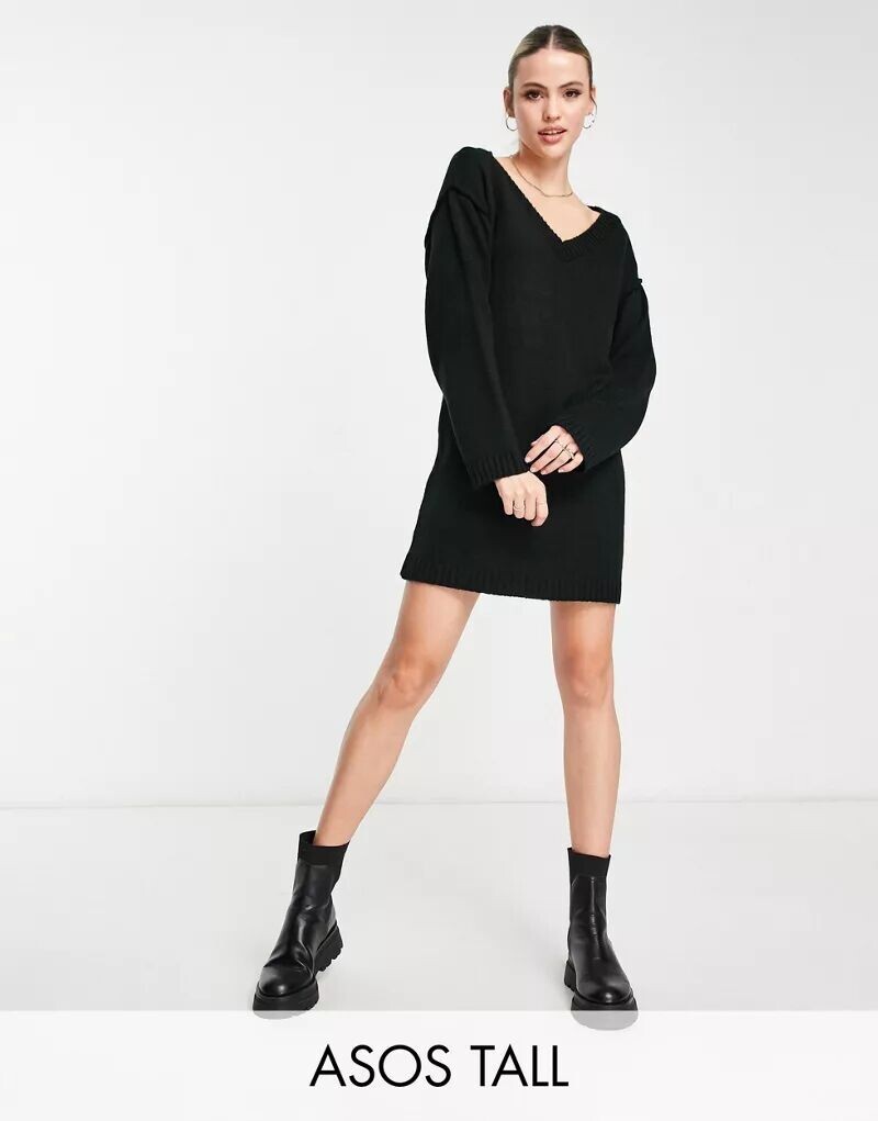 

Черное трикотажное платье мини с V-образным вырезом ASOS DESIGN Tall