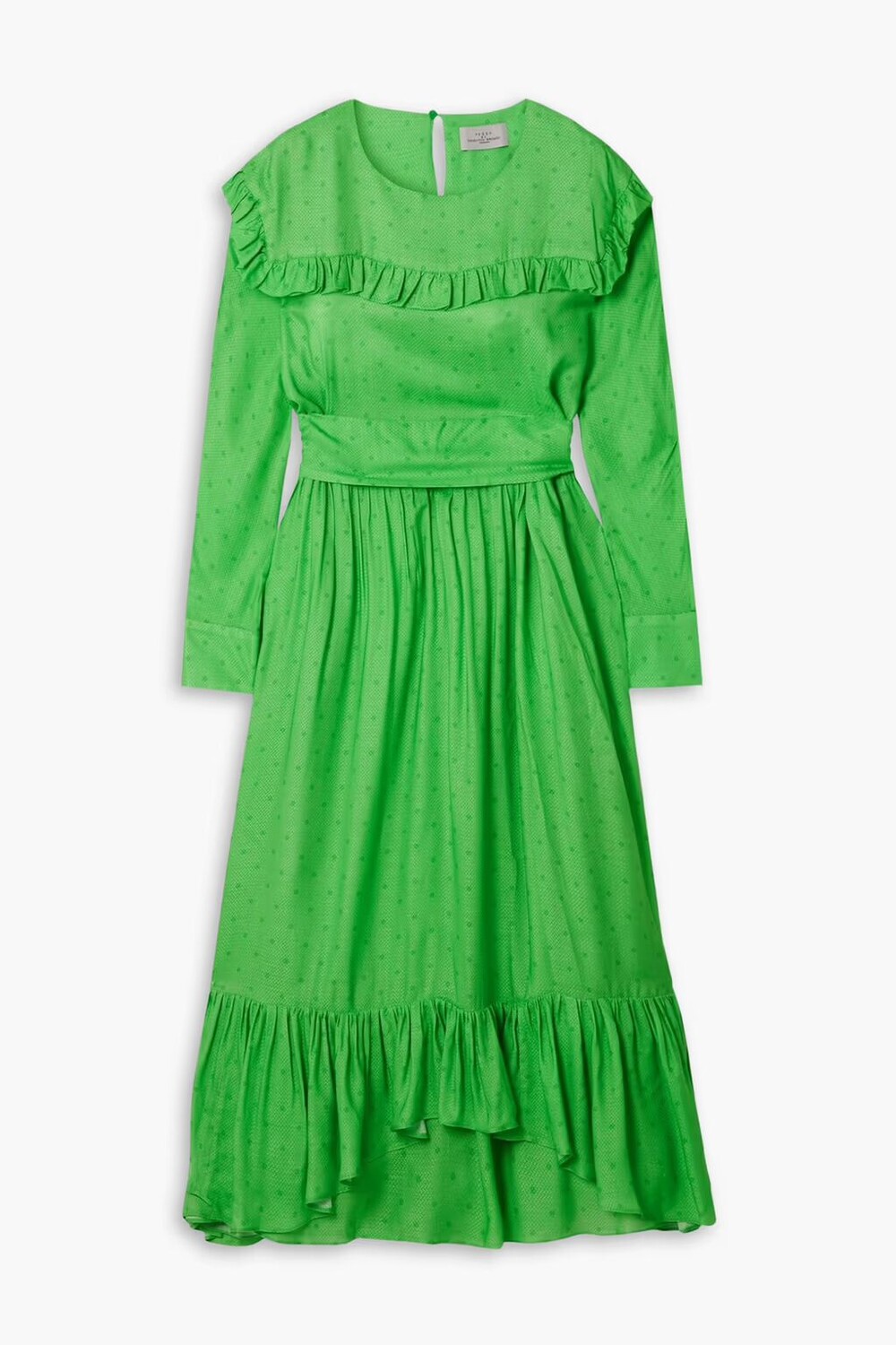 

Платье миди Iris из атласного жаккарда с поясом и оборками Preen By Thornton Bregazzi, зеленый