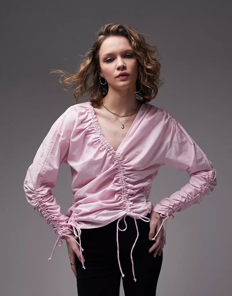 

Розовый топ из поплина со сборками и кулиской Topshop