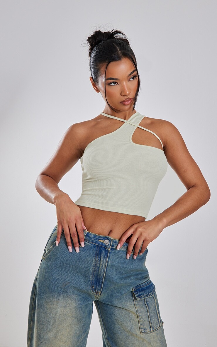 

PrettyLittleThing Укороченный топ с асимметричными ремешками Sage Soft Rib
