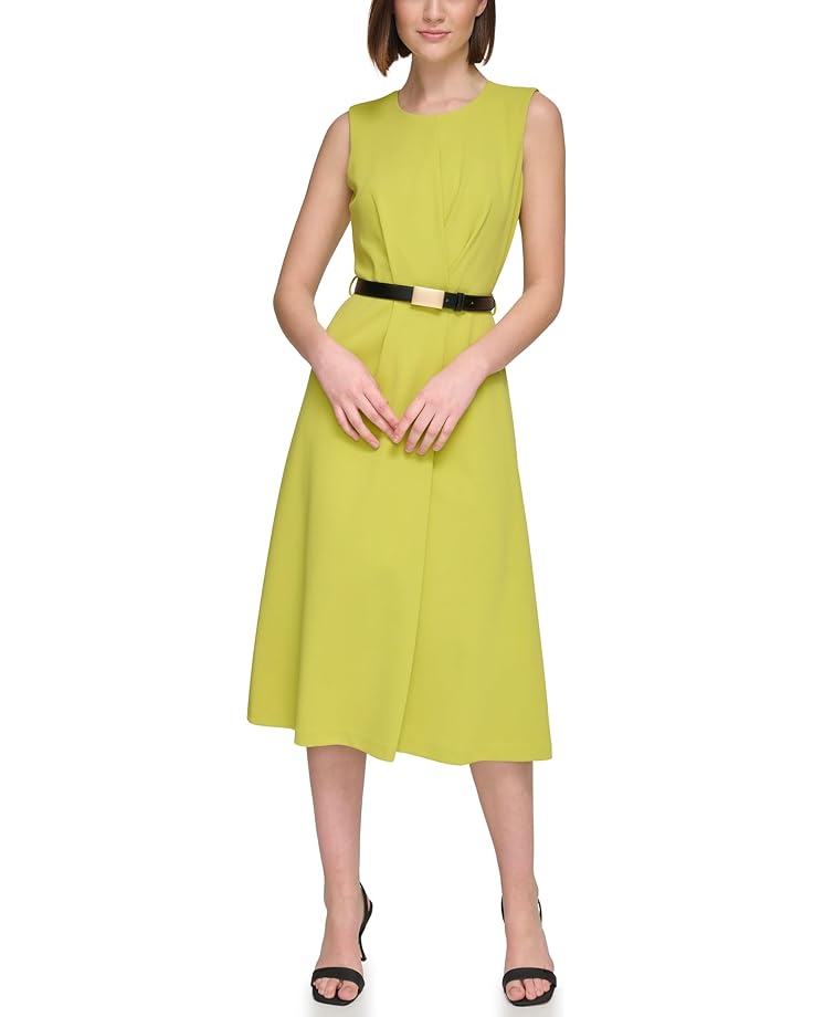 цена Платье Calvin Klein Sleeveless Scuba Crepe Belted Midi, цвет Celery