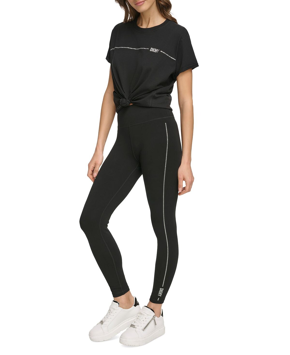 

Женские леггинсы размером 7/8 с завышенной талией и логотипом со стразами DKNY