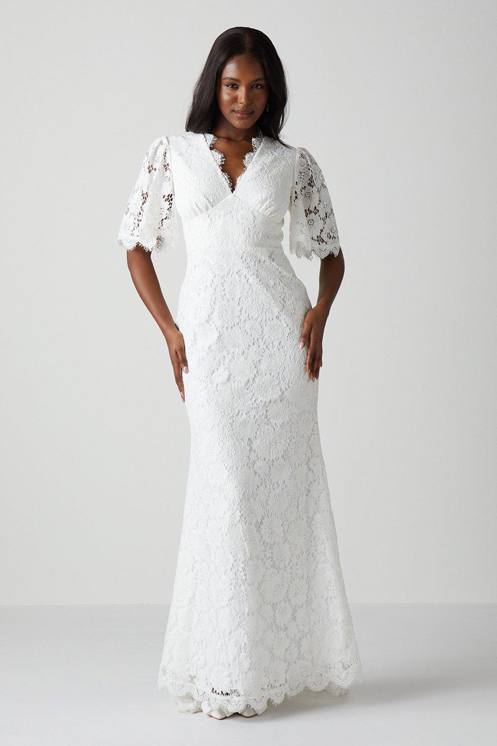 цена Кружевное свадебное платье «рыбий хвост» с рукавами ангела Coast, белый