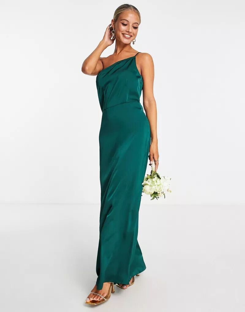 

Темно-зеленое атласное платье макси на одно плечо с бретелями Vila Bridesmaid