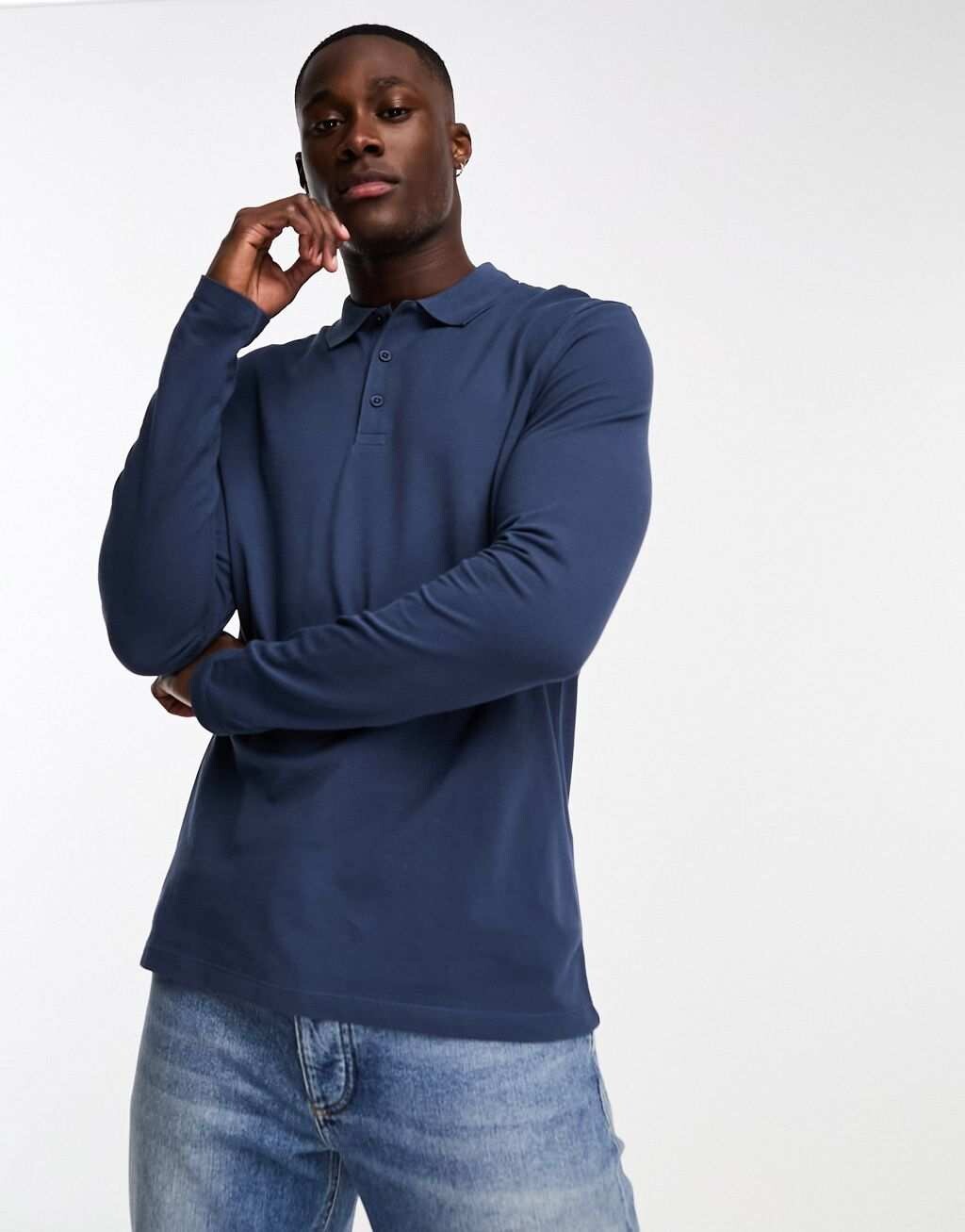 

Темно-синее поло из пике с длинными рукавами ASOS DESIGN, Синий