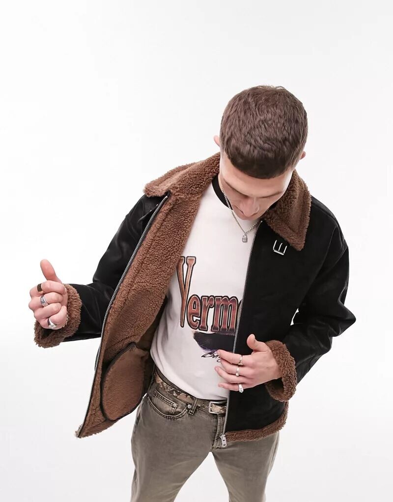 

Черная куртка-авиатор из искусственной овчины Topman