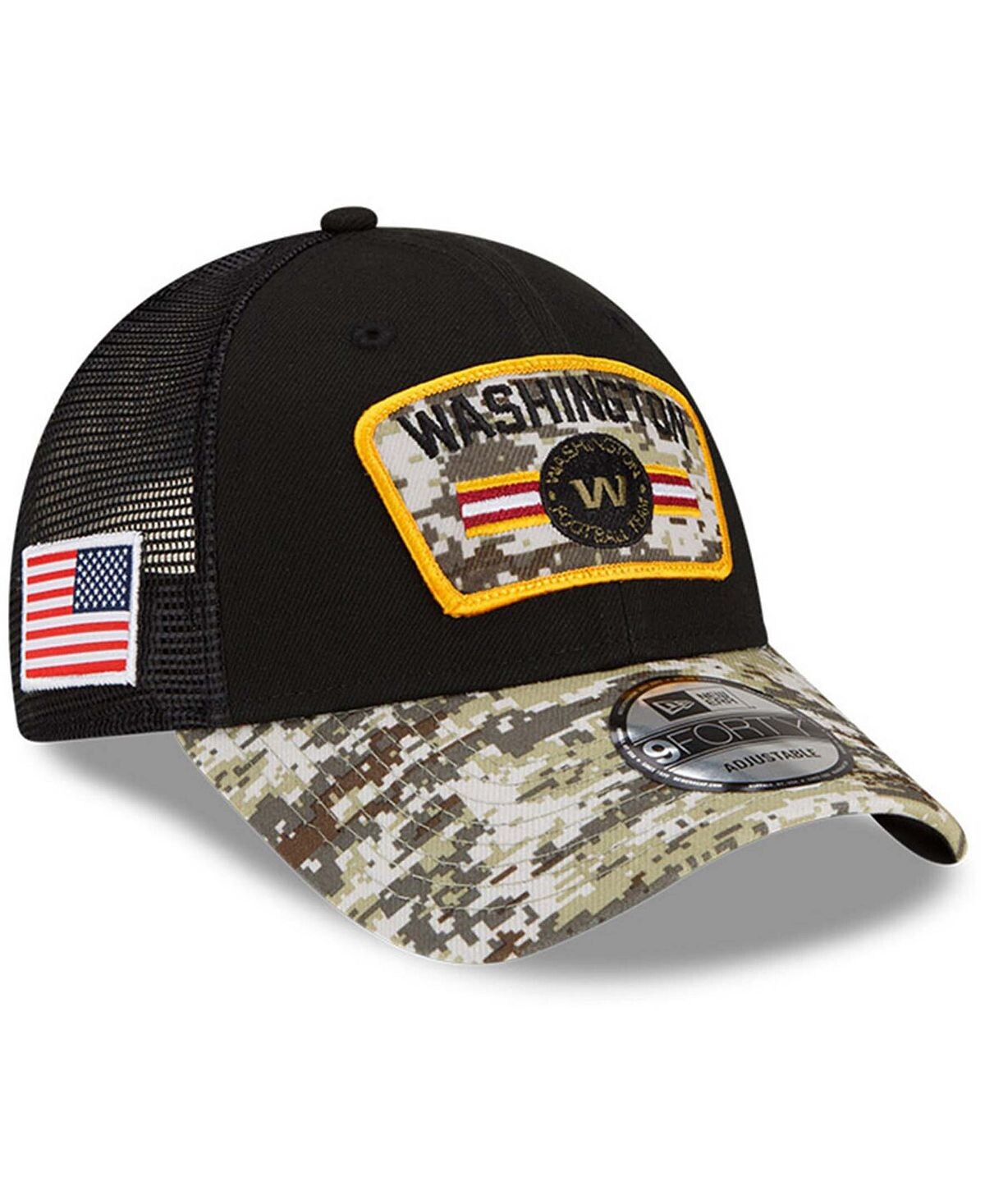 

Мужская черная камуфляжная регулируемая кепка Washington Football Team 2021 Salute To Service Trucker 9FORTY Snapback New Era