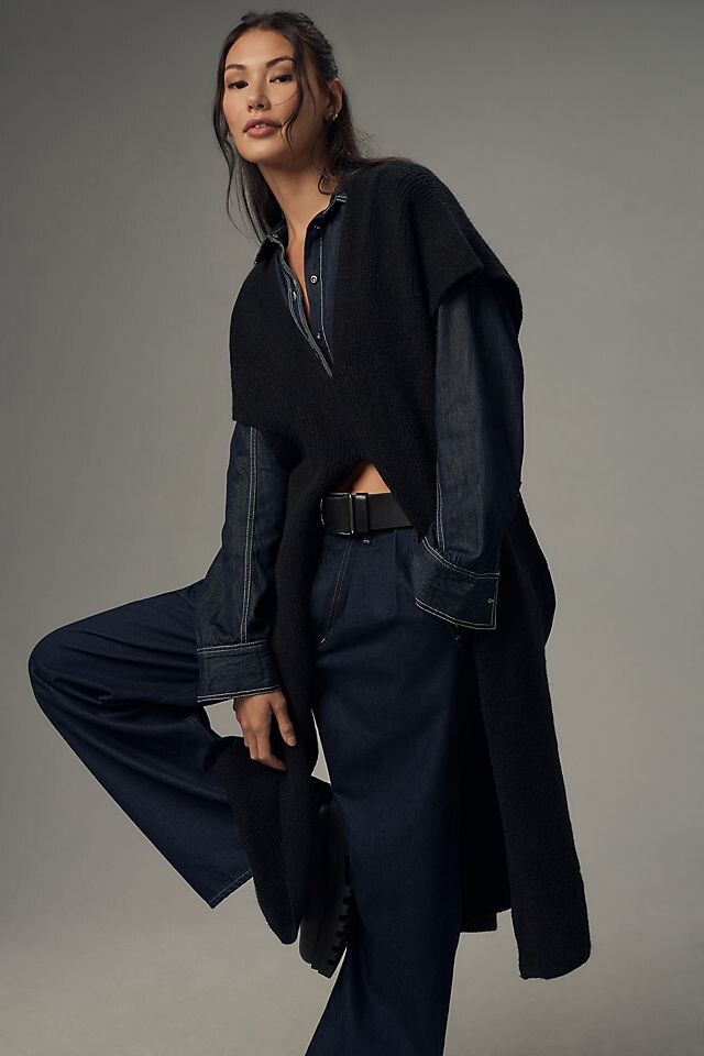 

Свитер-туника Anthropologie с разрезами, черный