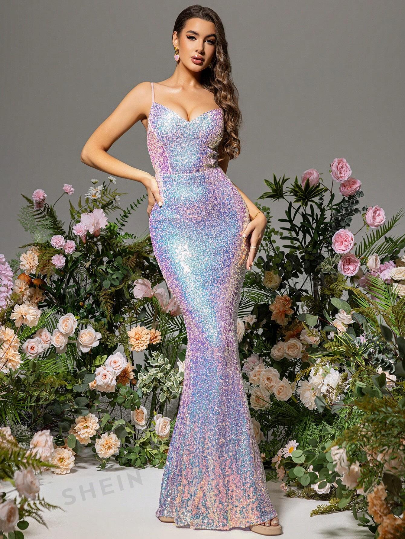 LOVE&LEMONADE Блестящее платье-русалка с бретелями и подолом, розовый