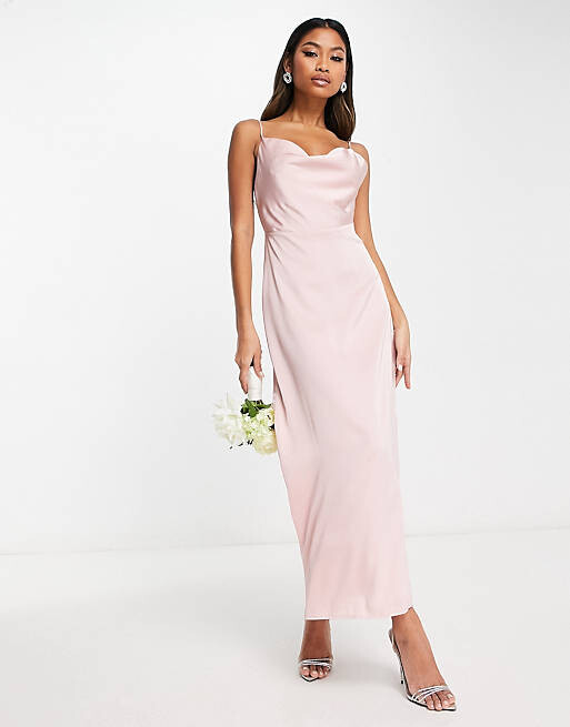 

Розовое атласное платье макси с воротником-хомутом Vila Bridesmaid