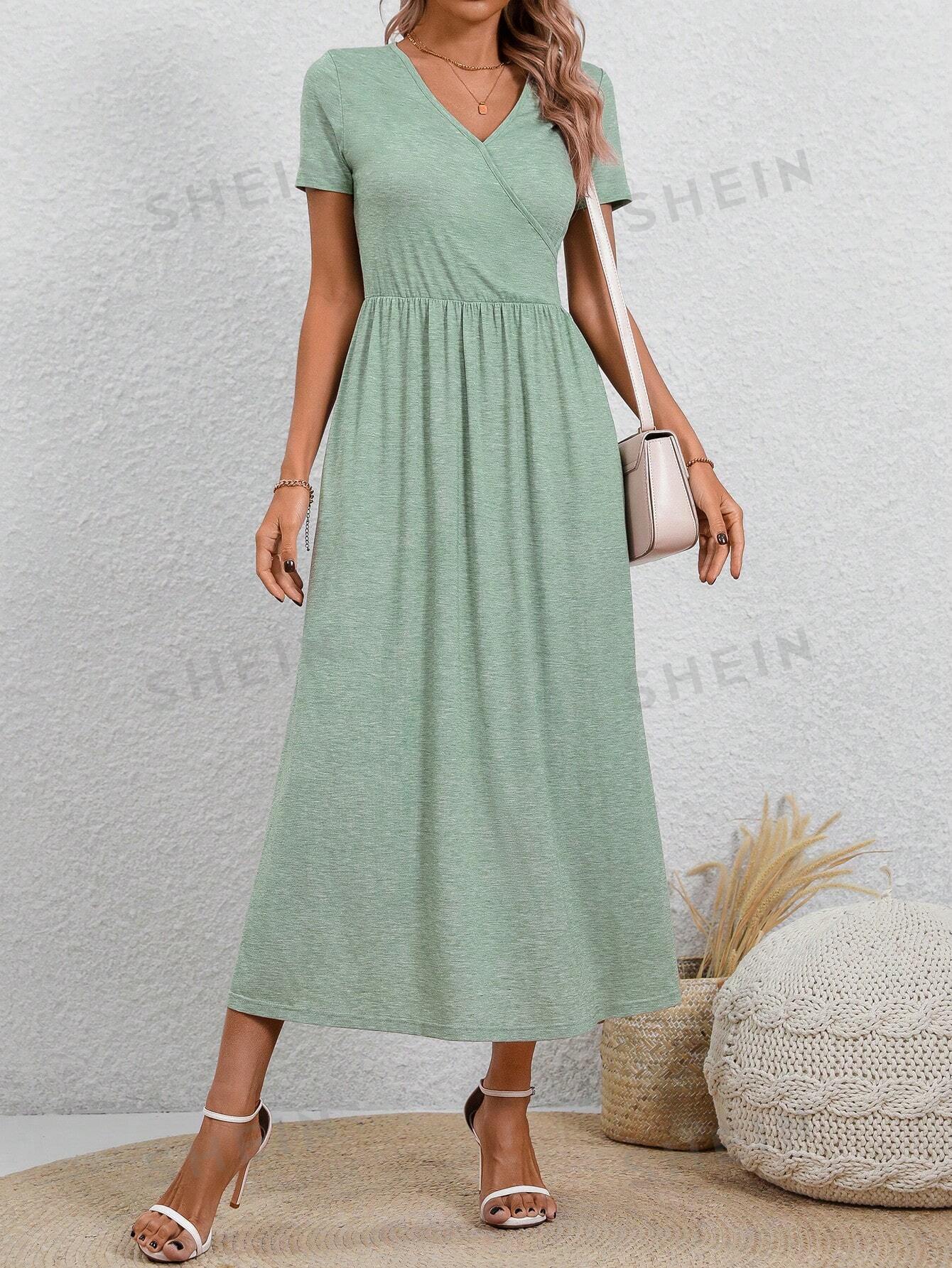 цена SHEIN LUNE Женское однотонное платье миди с запахом и завязками на талии, зеленый